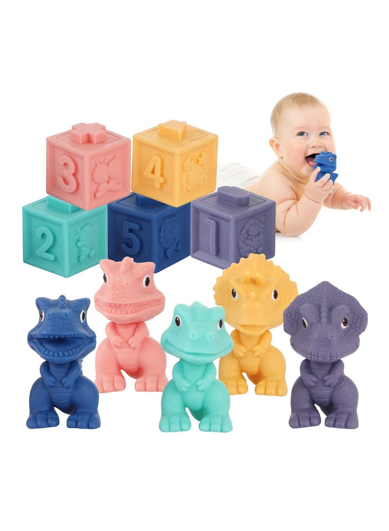 Excefore Sorting Stacking Toys, Soft Building Blocks for Toddlers Babies Montessori Toys, Teething & Squeezing Dinosaur Toys for Boys Girls Infant - Image 1
