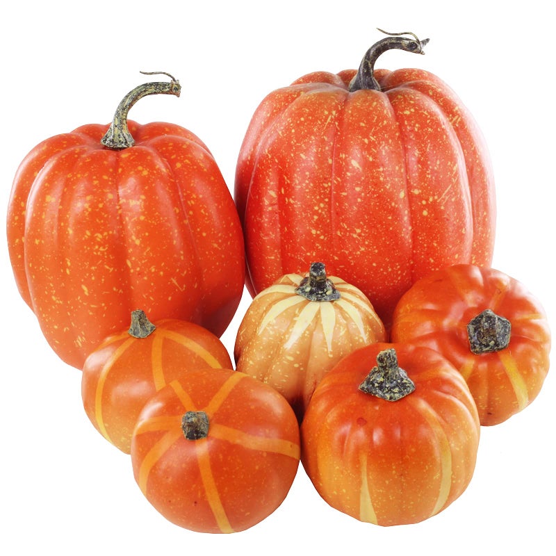 Winlyn Winlyn 7 Pcs Assorted Artificial Orange Pumpkins Harvest Decorative Pumpkins Foam Pumpkins for Farmhouse Rustic Fall Thanksgiving Halloween Tabletop Centerpiece Mantel Shelf Kitchen Decoration  - Image 1