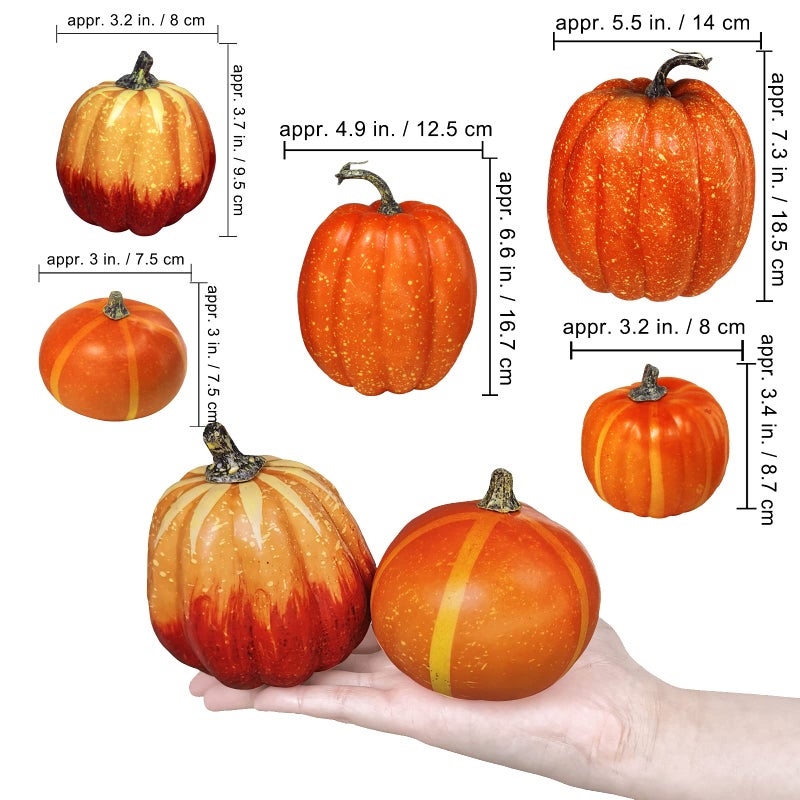 Winlyn Winlyn 7 Pcs Assorted Artificial Orange Pumpkins Harvest Decorative Pumpkins Foam Pumpkins for Farmhouse Rustic Fall Thanksgiving Halloween Tabletop Centerpiece Mantel Shelf Kitchen Decoration  - Image 2