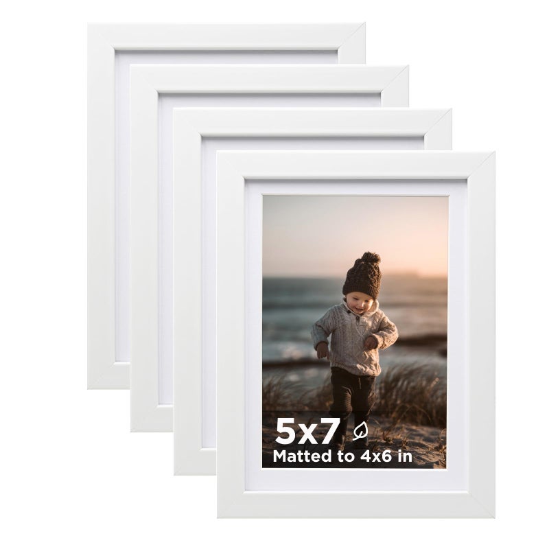 KINLINK إطارات صور كينلينك 5x7 بيضاء، إطارات صور بزجاج حقيقي للصور مقاس 4x6 مع إطار داخلي أو 5x7 بدون إطار داخلي، إطارات صور من الخشب المركب للتعليق على الطاولة أو الحائط، مجموعة من 4 قطع - Image 1