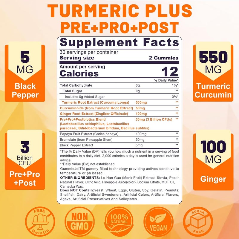NEVISS Sugar Free Turmeric Curcumin Filled Gummies 550mg for Adults Ginger  Black Pepper  95 Curcuminoids wPrebiotic Probiotic  Postbiotic Blend Support Immune  Digestive Health Vegan 2Pack - Image 2