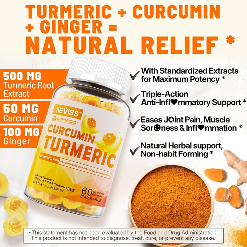NEVISS Sugar Free Turmeric Curcumin Filled Gummies 550mg for Adults Ginger  Black Pepper  95 Curcuminoids wPrebiotic Probiotic  Postbiotic Blend Support Immune  Digestive Health Vegan 2Pack - Image 3