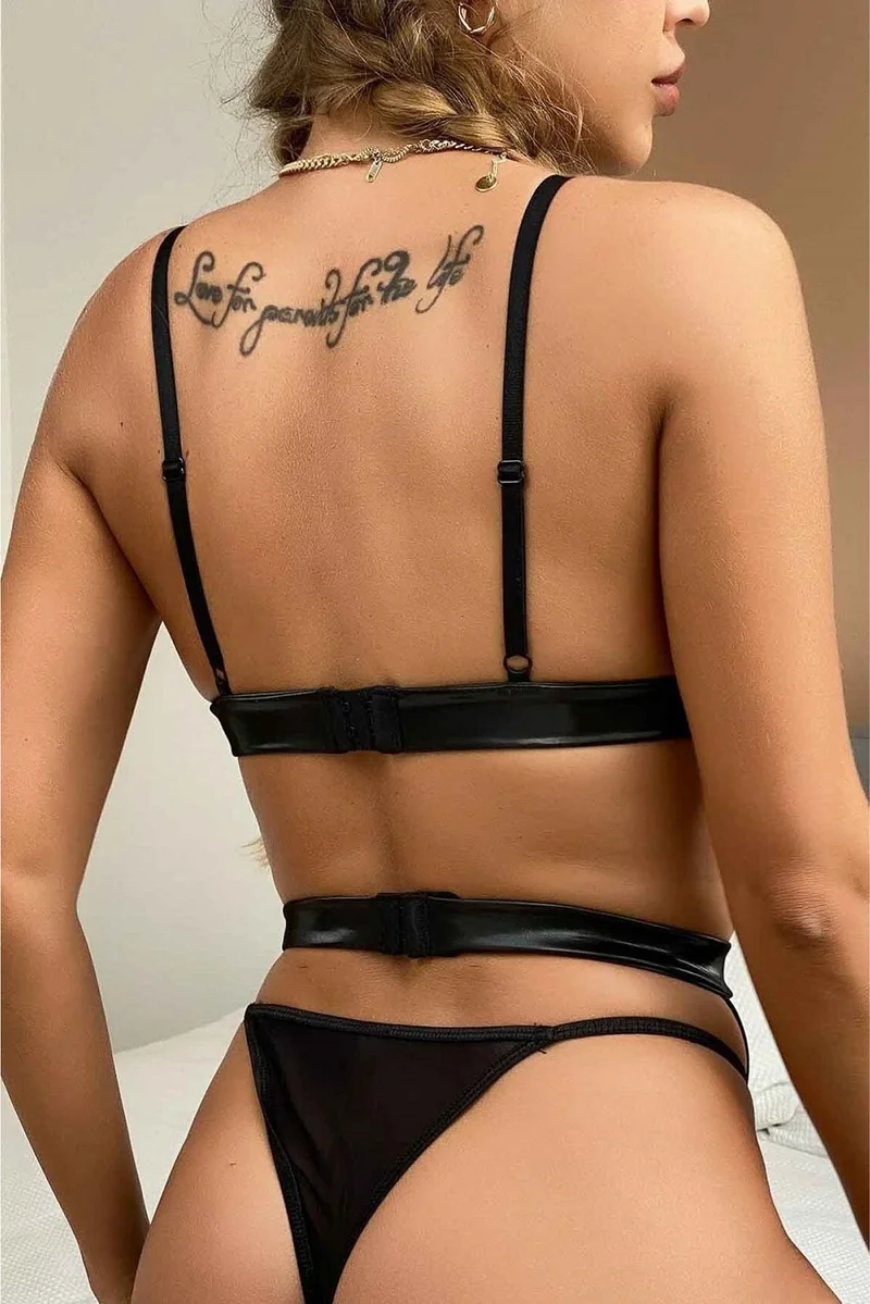 Merry See Leather Look Fantasy Bra Panty Set with Garter