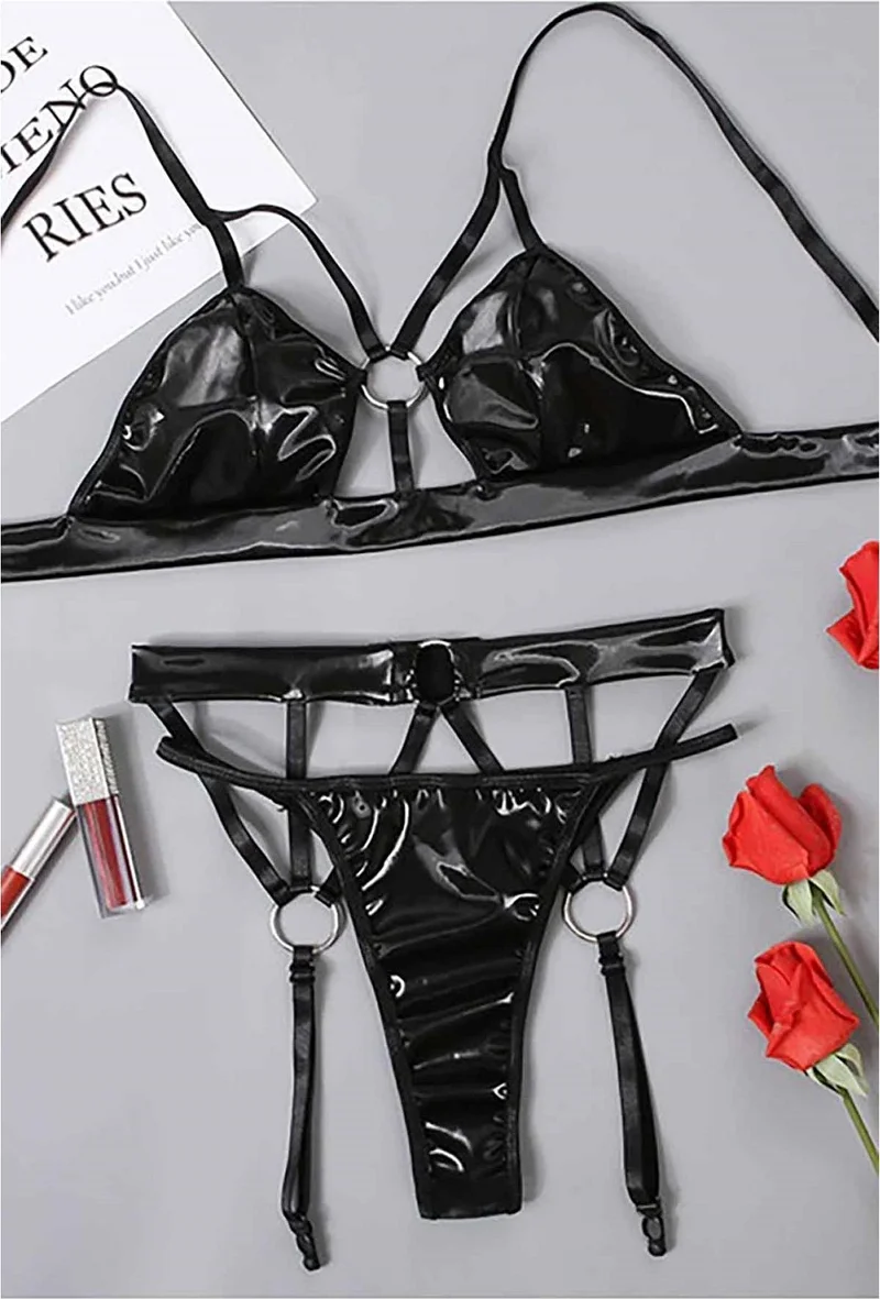 Merry See Leather Look Fantasy Bra Panty Set with Garter