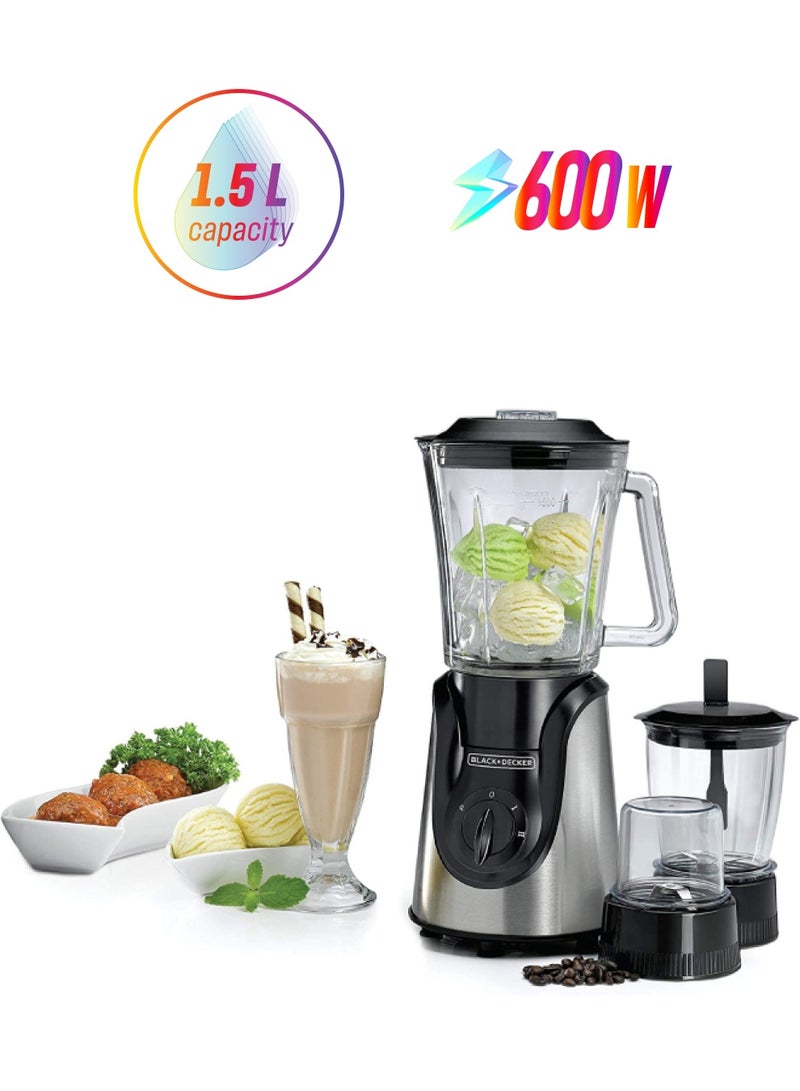 BLACK+DECKER Glass Blender, Six Blade System, Variable Speed, Pulse Function, Includes Accessories, Modern Chrome Design, 1.5 L 600 W BX600G-B5 Silver/Black - Image 1