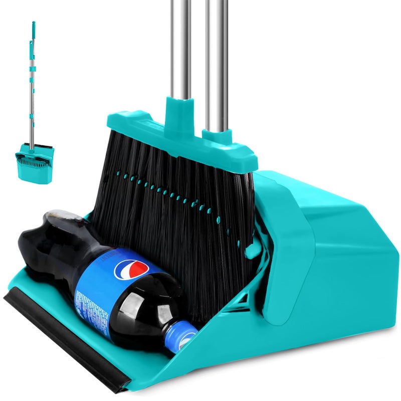 Tiumso Upgrade Broom with Dustpan Combo Set, Broom and Dustpan Set with 51'' Long Handle, Large Upright Brooms and Dust Pans, ZeroGap Lip, Self-Cleaning Dustpan Teeth for Lobby and Restaurant - Blue - Image 1