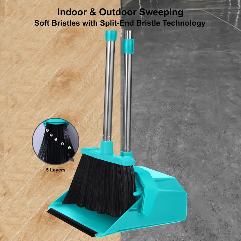 Tiumso Upgrade Broom with Dustpan Combo Set, Broom and Dustpan Set with 51'' Long Handle, Large Upright Brooms and Dust Pans, ZeroGap Lip, Self-Cleaning Dustpan Teeth for Lobby and Restaurant - Blue - Image 5