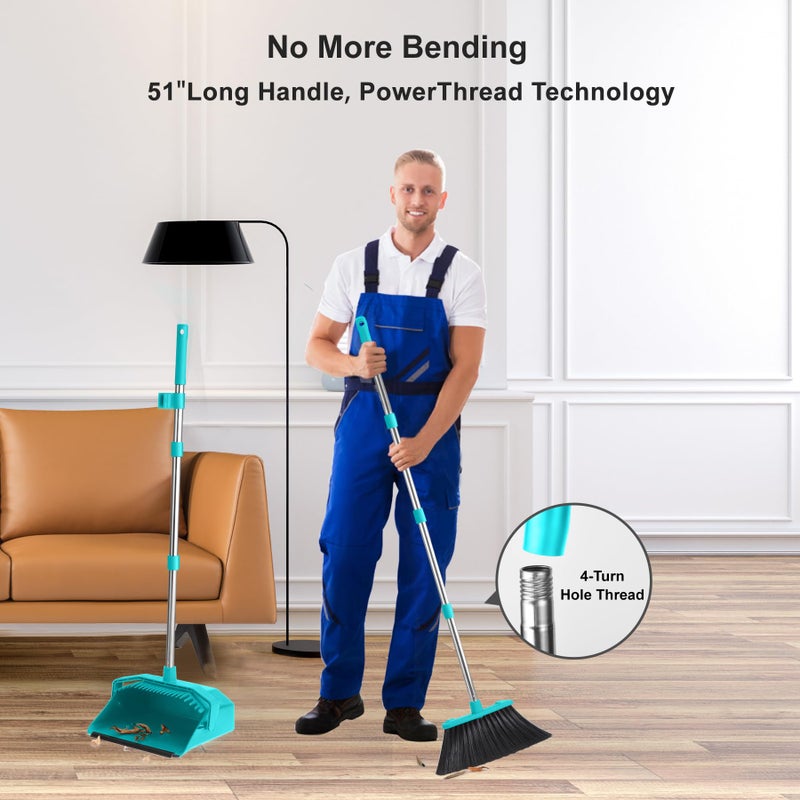 Tiumso Upgrade Broom with Dustpan Combo Set, Broom and Dustpan Set with 51'' Long Handle, Large Upright Brooms and Dust Pans, ZeroGap Lip, Self-Cleaning Dustpan Teeth for Lobby and Restaurant - Blue - Image 4