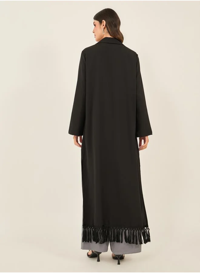 Styli Regular Fit Collared Kimono with Fringe Trim