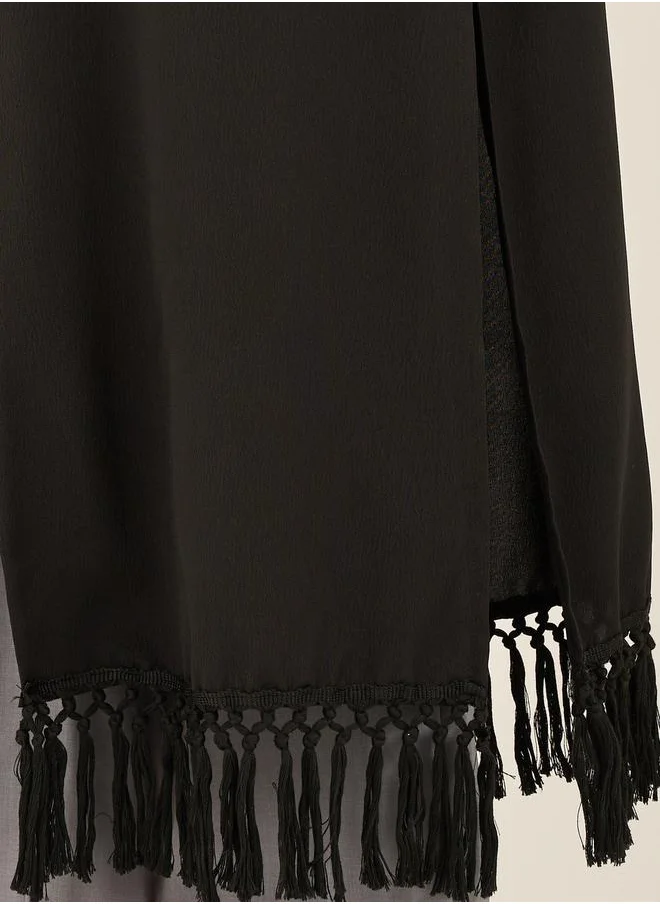 Styli Regular Fit Collared Kimono with Fringe Trim
