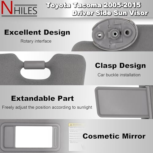 NHILES Left Driver Side Sun Visors Compatible with Toyota Tacoma 2005-2015 Without Light #74320-04181-B1 Grey - Image 3