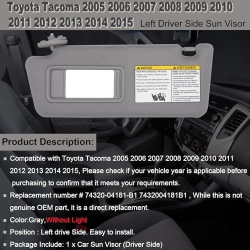 NHILES Left Driver Side Sun Visors Compatible with Toyota Tacoma 2005-2015 Without Light #74320-04181-B1 Grey - Image 2