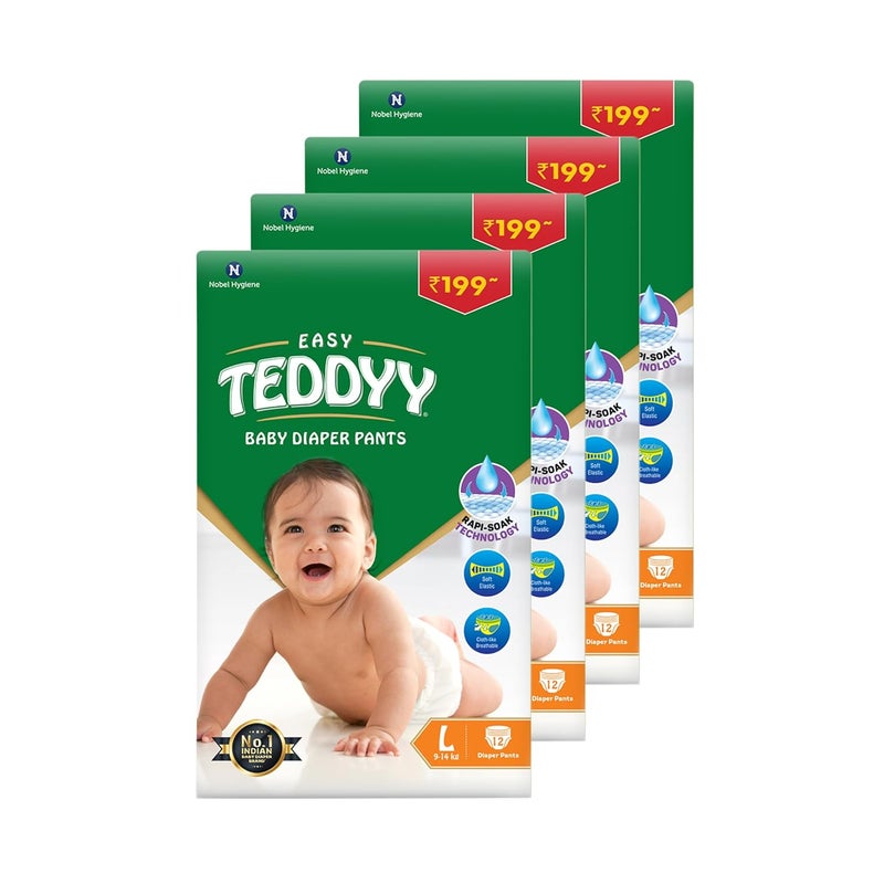Teddyy حفاضات أطفال بنطلون سهلة كبيرة 48 قطعة (عبوة من 4) ، 9-14 كجم ، حماية من التسرب لمدة 12 ساعة ، مضادة للبكتيريا - Image 1