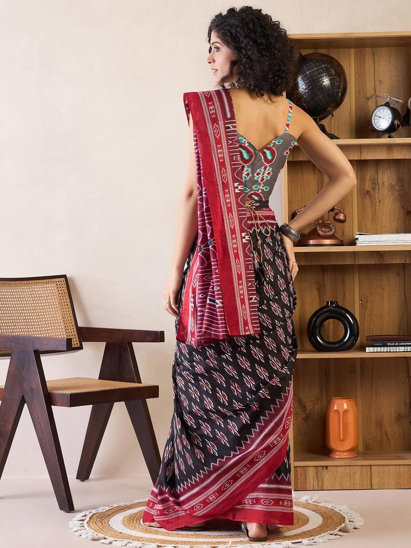 saree mall ساري مول للنساء - قطن أسود بنقشة إيكات جاهز للارتداء مع قطعة بلوزة غير مخيطة (RTWMINAXI7301_SMC) - Image 3