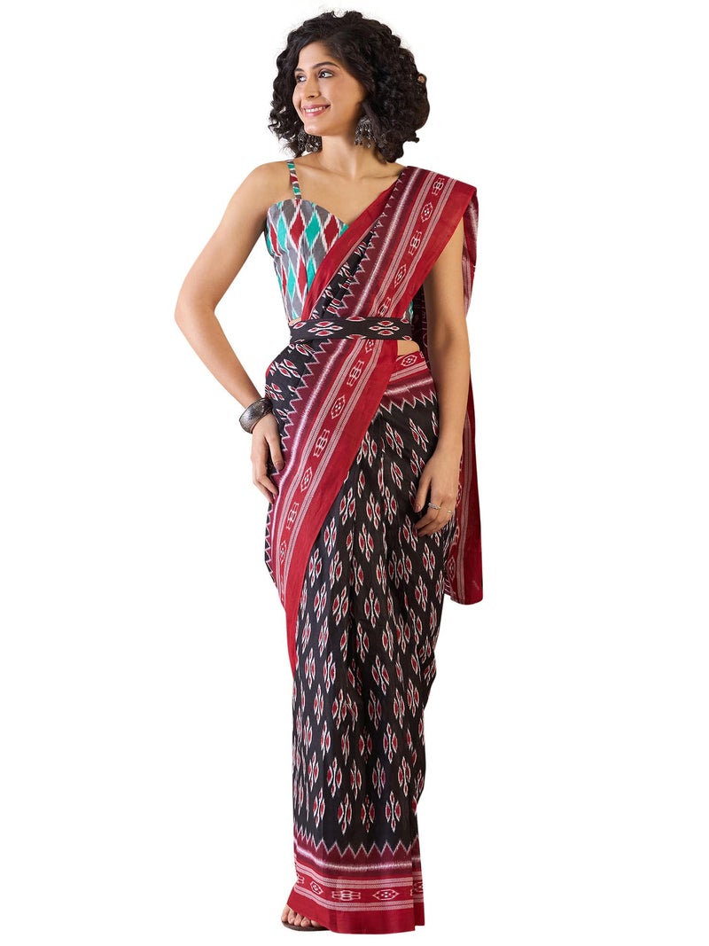 saree mall ساري مول للنساء - قطن أسود بنقشة إيكات جاهز للارتداء مع قطعة بلوزة غير مخيطة (RTWMINAXI7301_SMC) - Image 1