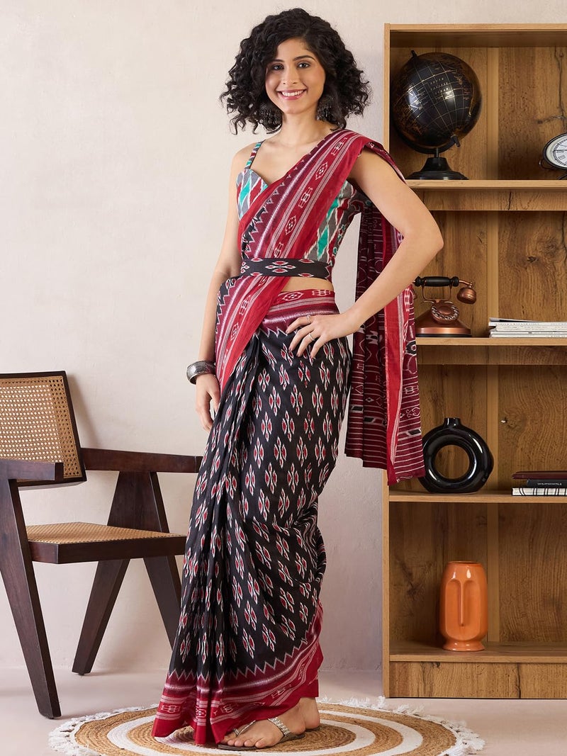 saree mall ساري مول للنساء - قطن أسود بنقشة إيكات جاهز للارتداء مع قطعة بلوزة غير مخيطة (RTWMINAXI7301_SMC) - Image 4