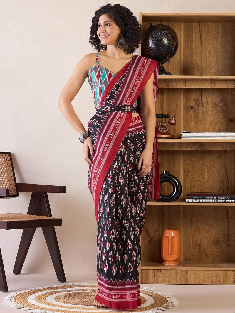 saree mall ساري مول للنساء - قطن أسود بنقشة إيكات جاهز للارتداء مع قطعة بلوزة غير مخيطة (RTWMINAXI7301_SMC) - Image 2