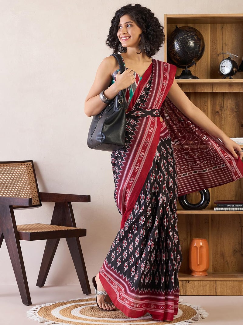 saree mall ساري مول للنساء - قطن أسود بنقشة إيكات جاهز للارتداء مع قطعة بلوزة غير مخيطة (RTWMINAXI7301_SMC) - Image 5