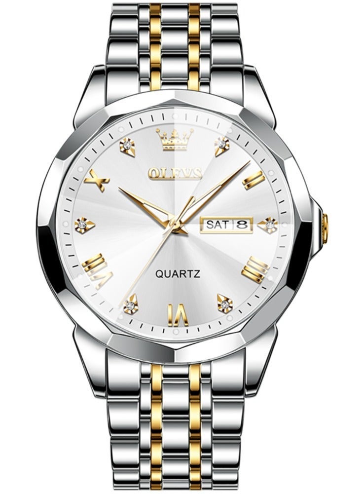 أوليفز ساعة OLEVS 9931 كوارتز رجالية فاخرة بتقويم مزدوج ومينا ألماس وحزام من الفولاذ المقاوم للصدأ ومقاومة للماء للرجال - Image 3