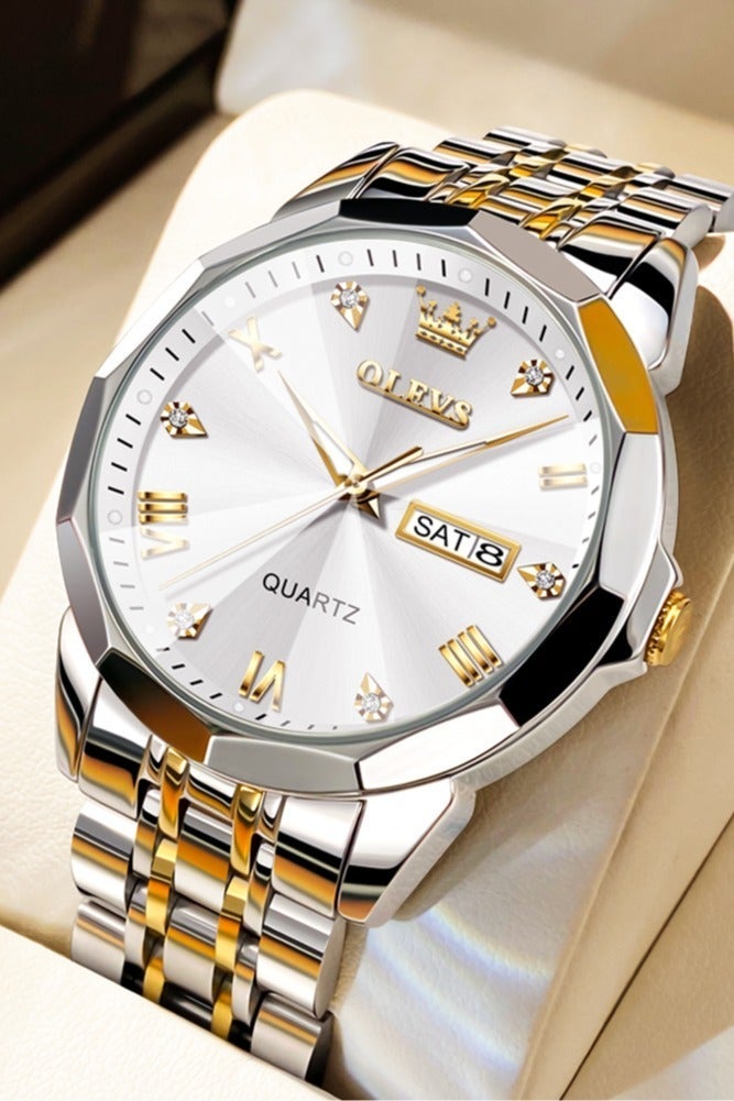 أوليفز ساعة OLEVS 9931 كوارتز رجالية فاخرة بتقويم مزدوج ومينا ألماس وحزام من الفولاذ المقاوم للصدأ ومقاومة للماء للرجال - Image 2