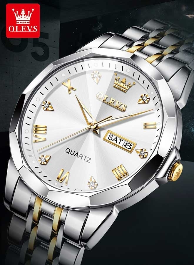 أوليفز ساعة OLEVS 9931 كوارتز رجالية فاخرة بتقويم مزدوج ومينا ألماس وحزام من الفولاذ المقاوم للصدأ ومقاومة للماء للرجال - Image 1