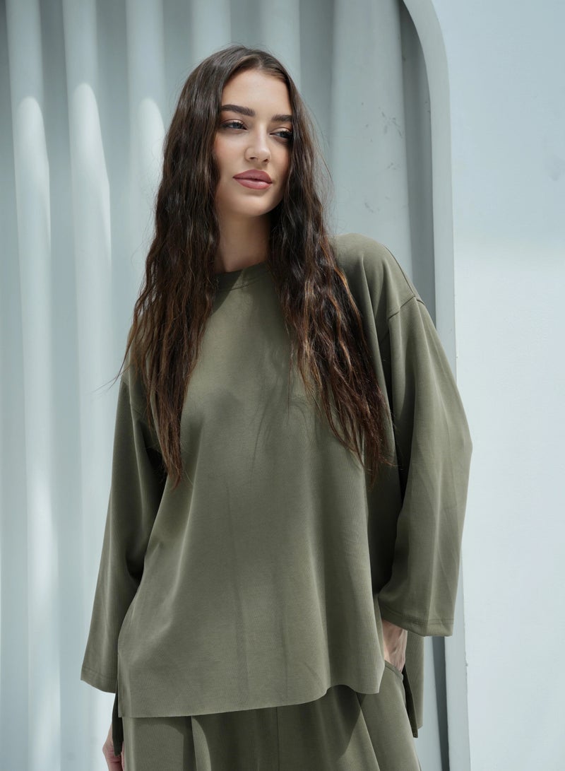 Andy 6653 | Women's Premium Cotton Oversized Two-Piece Lounge Set – Relaxed Fit Top with Long Sleeves and Wide-Leg Pants | Army Green - Image 3