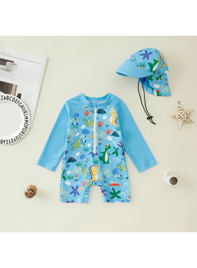 Generic Children's Clothing Boy's Full-print One-piece Swimsuit Boy's Baby's Half-open One-piece Swimsuit Children's Swimsuit Hat-Color:Sky Blue Dinosaur-Size:80  - Image 1