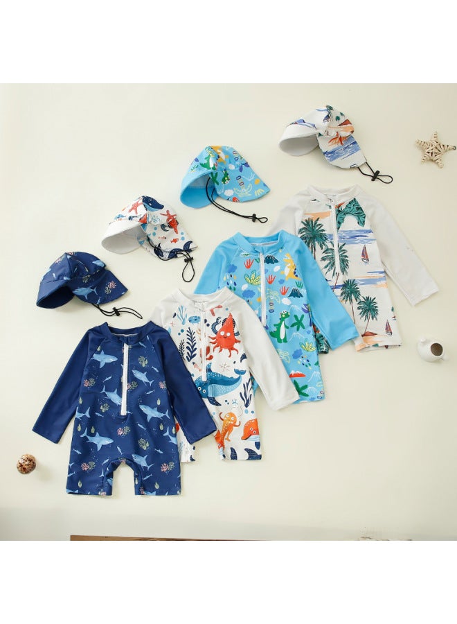 Generic Children's Clothing Boy's Full-print One-piece Swimsuit Boy's Baby's Half-open One-piece Swimsuit Children's Swimsuit Hat-Color:Sky Blue Dinosaur-Size:80  - Image 2