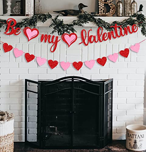 Festiko®Red Glitter Be My Valentine Banner and Red Pink Glitter Hearts Banner Happy Valentine's Day Garland Banner Valentines Day Wedding Engagement Party Fireplace Mantle Decorations Supplies - Image 4
