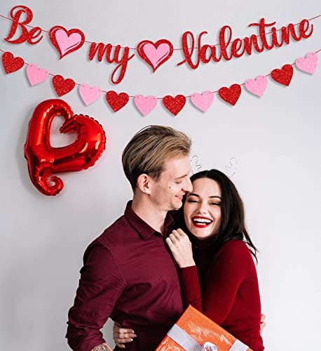 Festiko®Red Glitter Be My Valentine Banner and Red Pink Glitter Hearts Banner Happy Valentine's Day Garland Banner Valentines Day Wedding Engagement Party Fireplace Mantle Decorations Supplies - Image 3