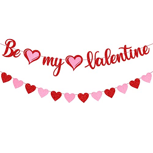 Festiko®Red Glitter Be My Valentine Banner and Red Pink Glitter Hearts Banner Happy Valentine's Day Garland Banner Valentines Day Wedding Engagement Party Fireplace Mantle Decorations Supplies - Image 1