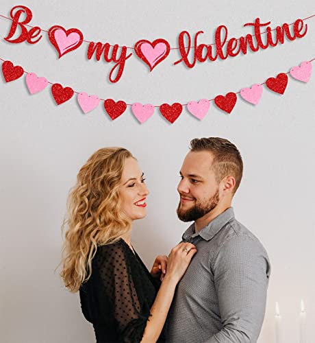 Festiko®Red Glitter Be My Valentine Banner and Red Pink Glitter Hearts Banner Happy Valentine's Day Garland Banner Valentines Day Wedding Engagement Party Fireplace Mantle Decorations Supplies - Image 5