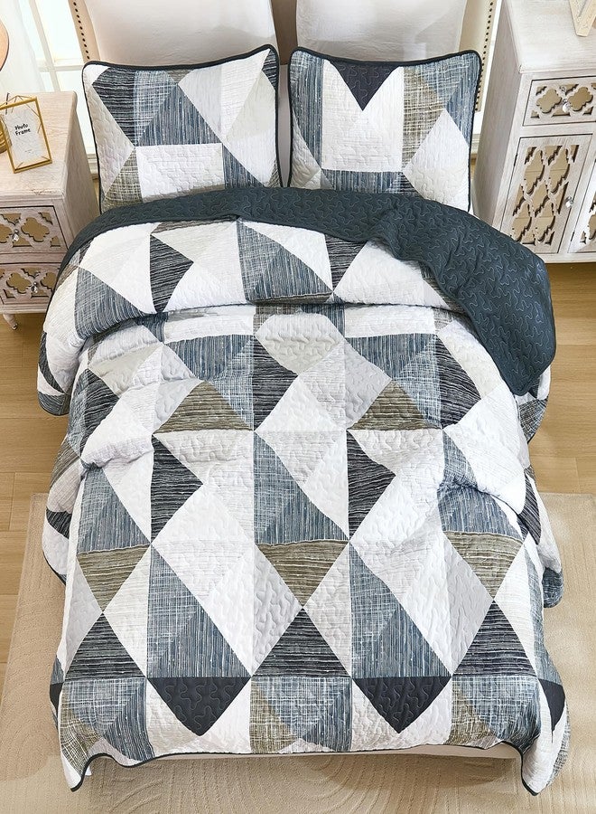 Dintszyayue Quilt Queen Size Grey Blue, 3 Pieces Patchwork Bedspread Bedding for Queen Size Bed, Soft Lightweight Microfiber Geometric Coverlet Set for All Season Quilt with 2 Pillowcases - Image 4