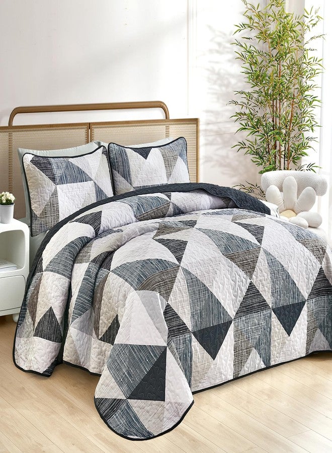 Dintszyayue Quilt Queen Size Grey Blue, 3 Pieces Patchwork Bedspread Bedding for Queen Size Bed, Soft Lightweight Microfiber Geometric Coverlet Set for All Season Quilt with 2 Pillowcases - Image 2