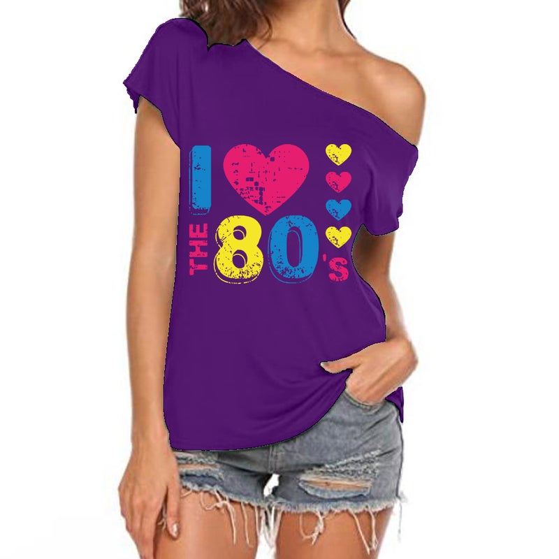 I Love The 80's oblique collar off-shoulder irregular short sleeve T-shirt women - Image 1