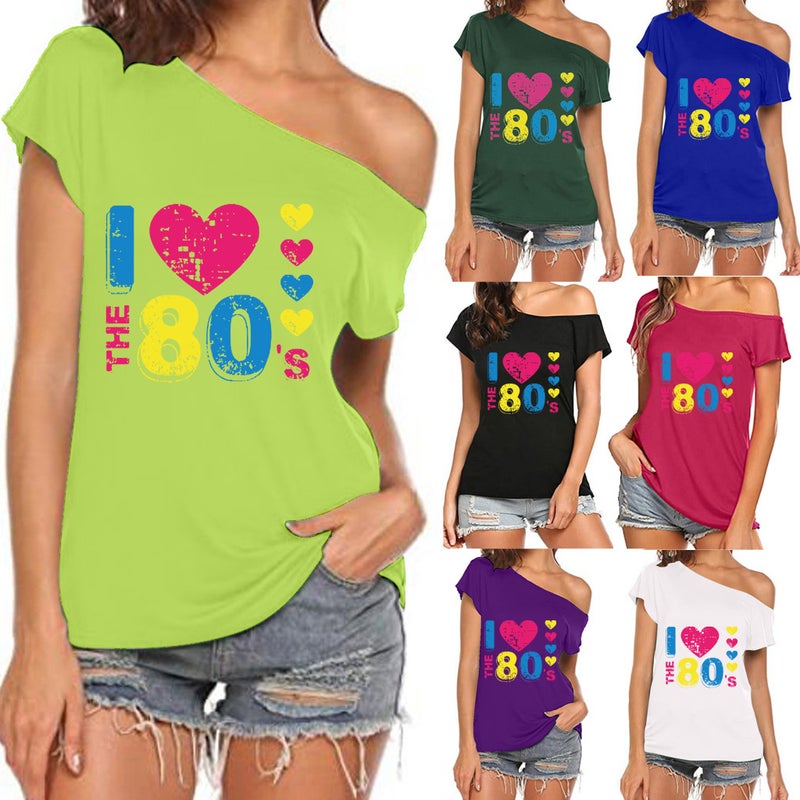 I Love The 80's oblique collar off-shoulder irregular short sleeve T-shirt women - Image 3