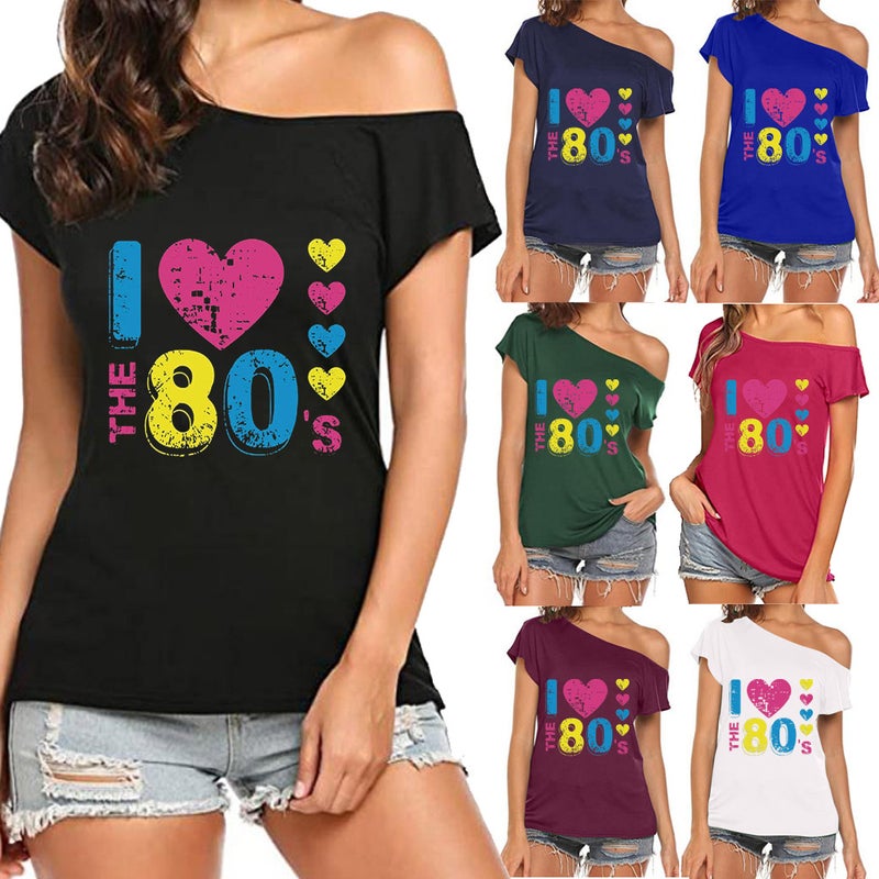 I Love The 80's oblique collar off-shoulder irregular short sleeve T-shirt women - Image 2