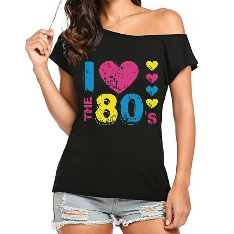 I Love The 80's oblique collar off-shoulder irregular short sleeve T-shirt women - Image 4