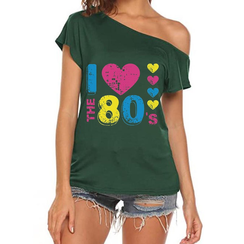 I Love The 80's oblique collar off-shoulder irregular short sleeve T-shirt women - Image 5