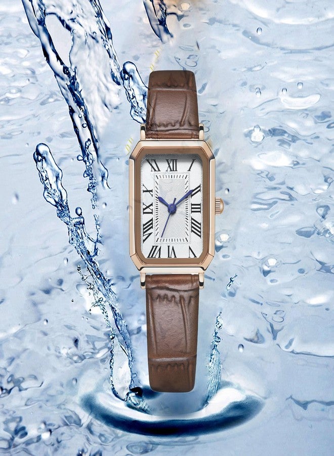 BESTKANG Leather Strap Watches for Women Elegant Dainty Ladies Watch Vintage Rectangle Women Quartz Wrist Watch, Brown Rose Gold White, vintage - Image 5