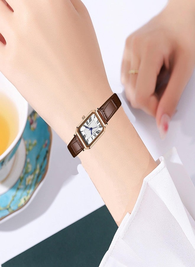 BESTKANG Leather Strap Watches for Women Elegant Dainty Ladies Watch Vintage Rectangle Women Quartz Wrist Watch, Brown Rose Gold White, vintage - Image 4