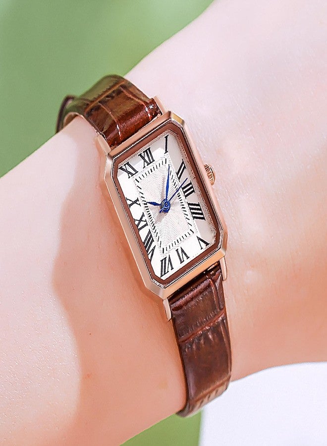 BESTKANG Leather Strap Watches for Women Elegant Dainty Ladies Watch Vintage Rectangle Women Quartz Wrist Watch, Brown Rose Gold White, vintage - Image 2