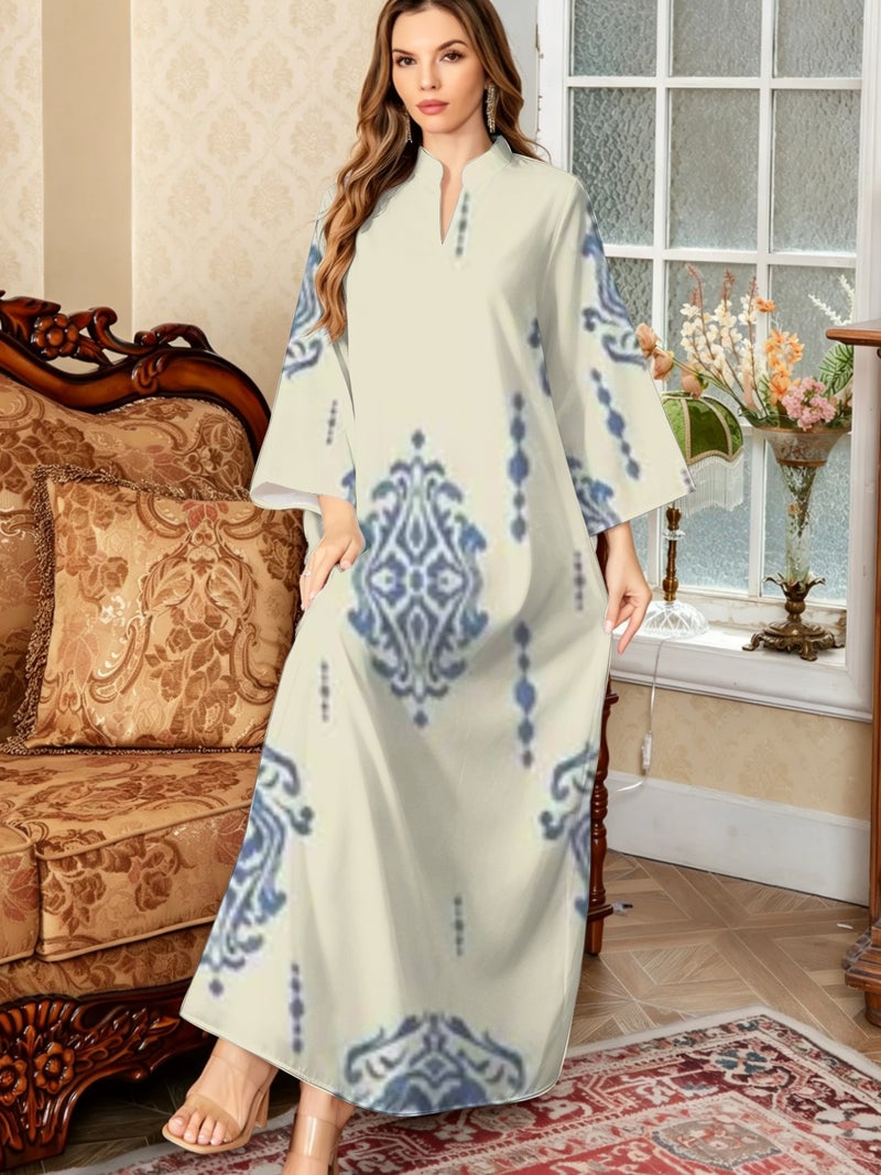 Soft Blue Damask Ethnic Print Three Quarter Flare Sleeve Loose‑Fit Abaya - Image 3