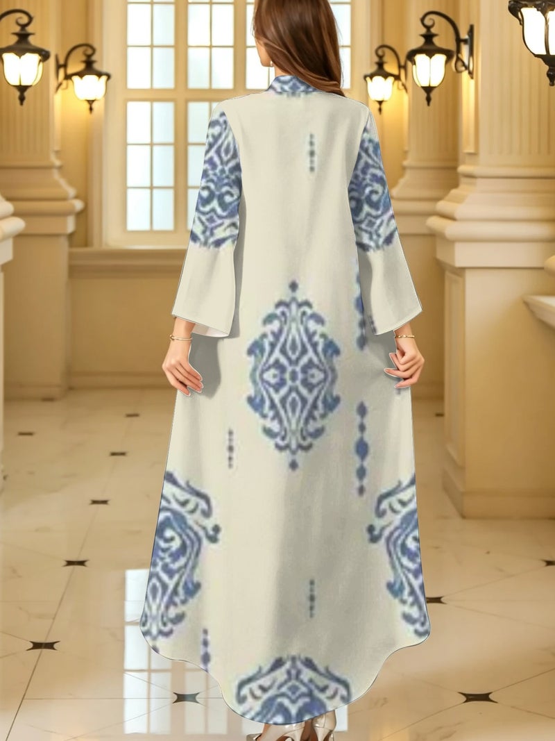 Soft Blue Damask Ethnic Print Three Quarter Flare Sleeve Loose‑Fit Abaya - Image 4