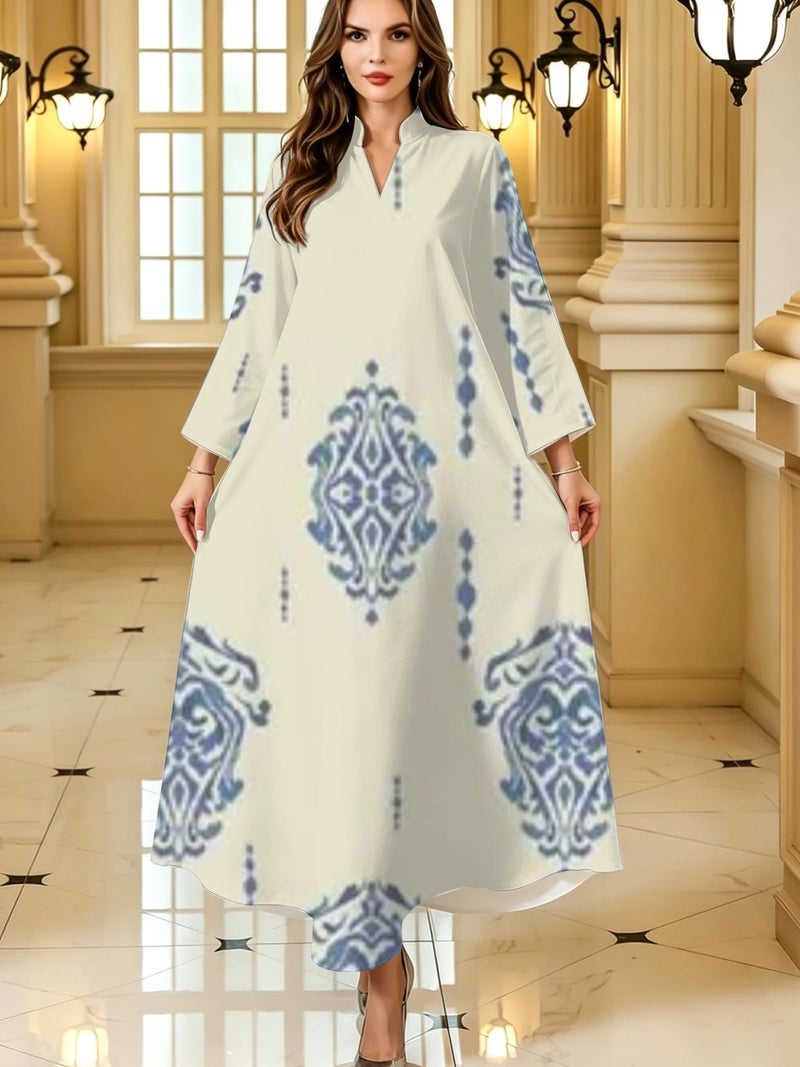 Soft Blue Damask Ethnic Print Three Quarter Flare Sleeve Loose‑Fit Abaya - Image 1