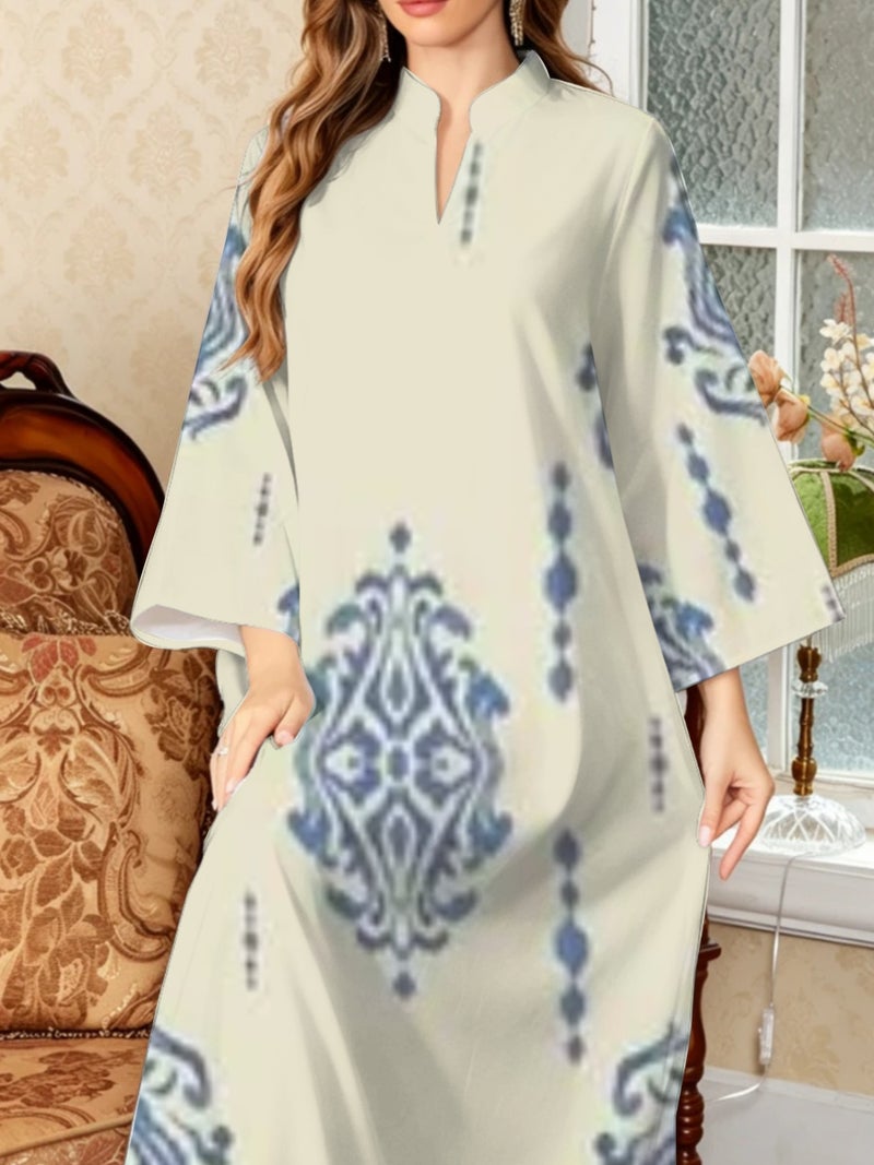 Soft Blue Damask Ethnic Print Three Quarter Flare Sleeve Loose‑Fit Abaya - Image 5