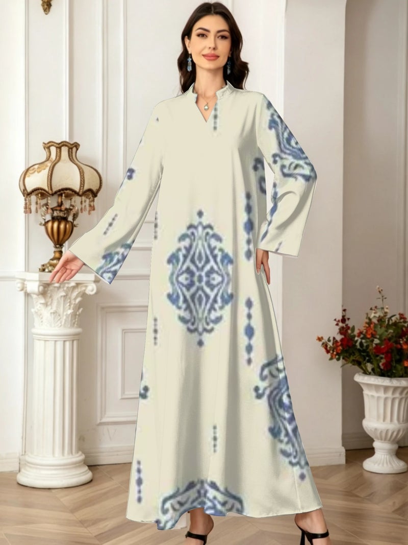 Soft Blue Damask Ethnic Print Three Quarter Flare Sleeve Loose‑Fit Abaya - Image 2