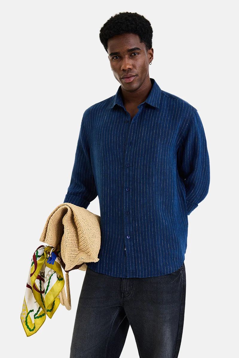 SNITCH Navy Blue Checkered Long Sleeve Regular Fit Casual Shirt