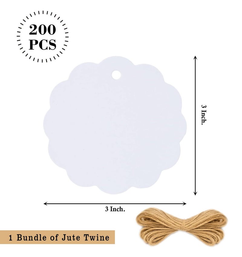 Mudrit White Plain Paper Tags, Handmade Gift Tags 3” Round Labels with Jute Twine,Scalloped Shaped, Perfect for Arts and Crafts, DIY, Wedding Party Favor - (Pack of 200) - Image 2