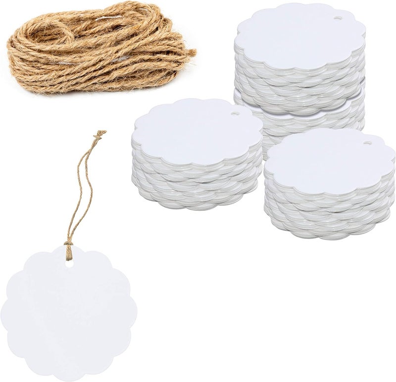 Mudrit White Plain Paper Tags, Handmade Gift Tags 3” Round Labels with Jute Twine,Scalloped Shaped, Perfect for Arts and Crafts, DIY, Wedding Party Favor - (Pack of 200) - Image 1